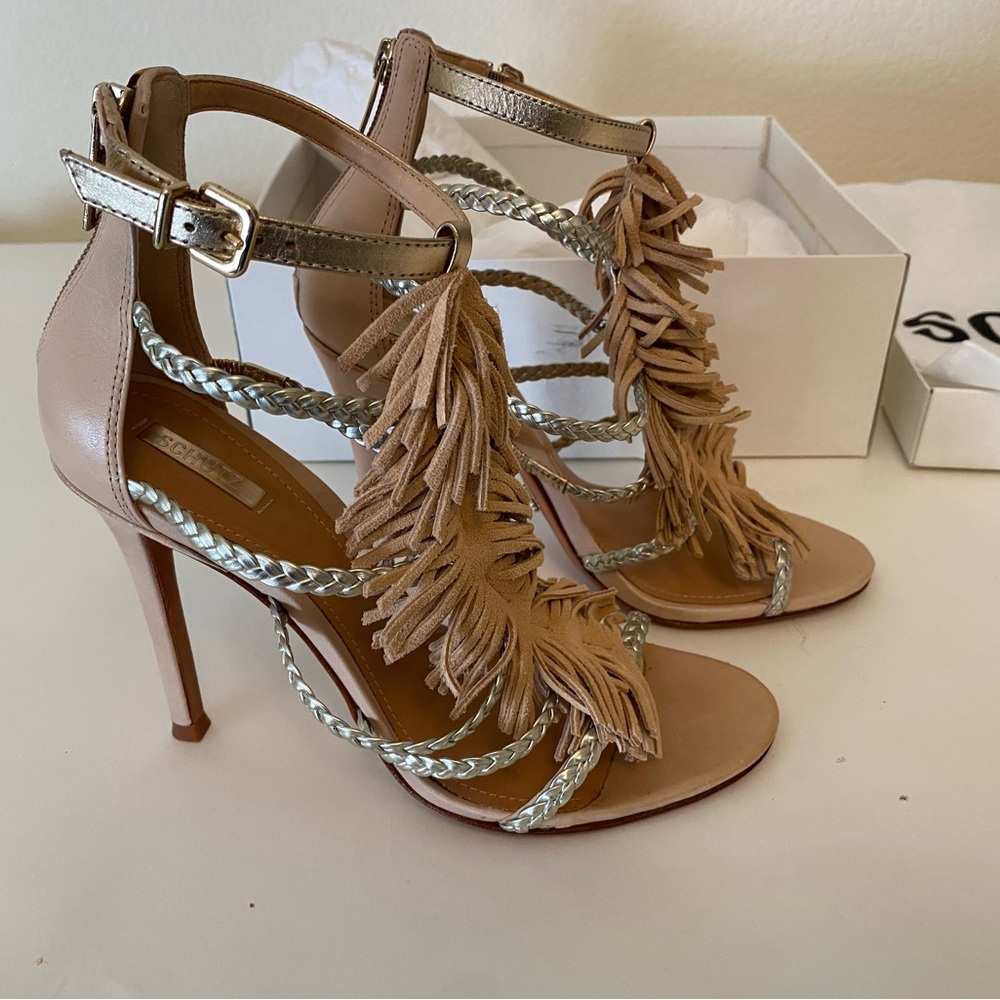 SCHUTZ Sand and Gold Carmen Fringe Sandals Sz 8.5  Leather & Suede Western Chic